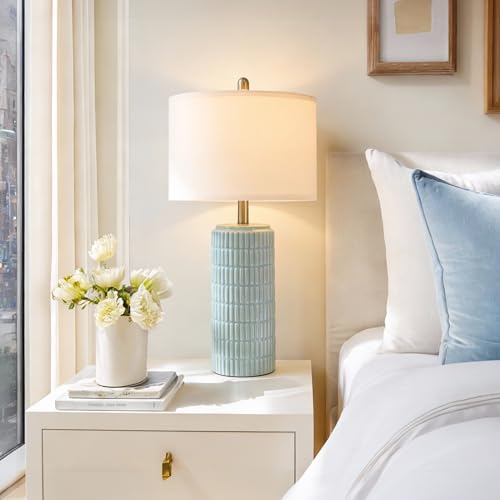 Image of PoKat 23 inch Light Blue Table Lamps Set of 2, Modern Bedside Lamps for Bedroom, Coastal Ceramic End Table Lamps for Living Room, Ocean Nightstand New Home Decor Lamps