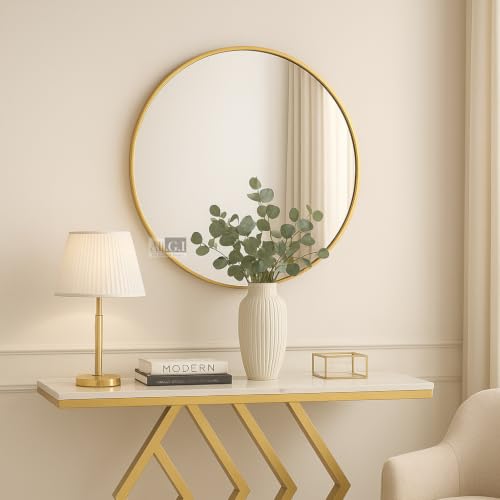 Image of Round Wall Mirror in Metal Frame Mirror I Modern Design Gold Metal Frame Mirror in Medium Size I Bathroom Wash Basin, Bedroom, Drawing Room (Gold, 24 inch)