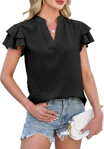 Fololy Damen Bluse Sommer Oberteil Elegant Hemdbluse V-Ausschnitt Chiffon Locker Tops Tunika(Schwarz/XL)