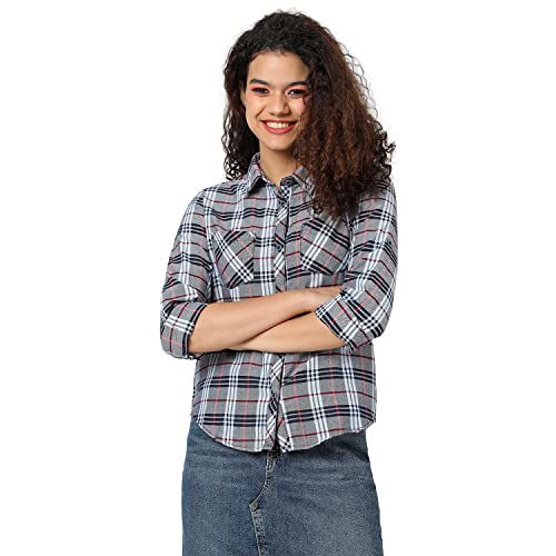 Image of PINACOLADA Women's Grey Tartan Plaid Button Up Regular Fit Shirt for Casual Wear | Spread Collar | Long Sleeves | Cotton Shirt Crafted with Regular Sleeve & Comfort Fit for Everyday Wear