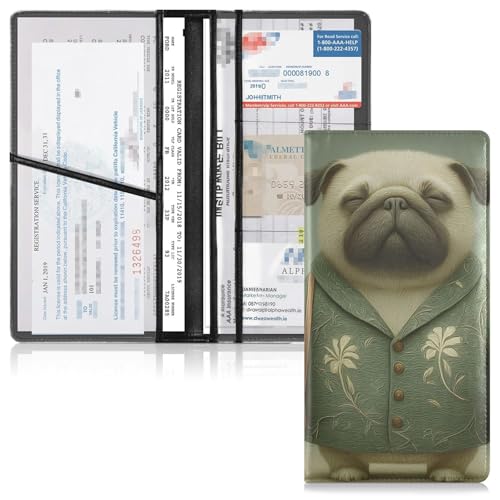 Car Registration and Insurance Holders Pug Gentleman Print, PU Leather for License Documents Cards