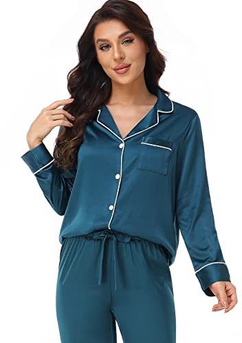 Image of Serenedelicacy Women's Satin Pajama Set Long Sleeve Button Down Sleepwear 2-Piece Silky Pj Set