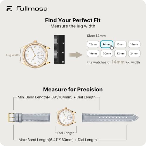 Image of Fullmosa 14mm Quick Release Leather Watch Band | Traditional Smartwatch Replacement Strap for Women Formal Daily Commute, Light Gray&Golden Buckle