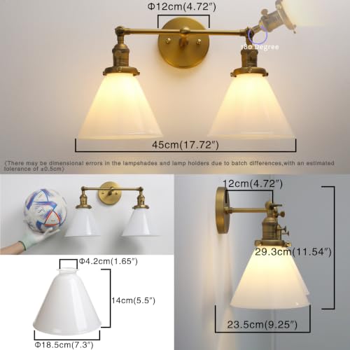 Image of Double Sconce Vintage Industrial Gold 2-Lights Wall Sconces with Funnel Flared Glass Milk Glass Shade Antique Scocne for Bathroom Living Room Home Office