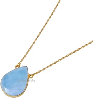 Solid 925 Sterling Silver Necklace For Women, Genuine Pear Larimar Blue Gemstone Unique Handcrafted Yellow Gold Vermeil Necklace