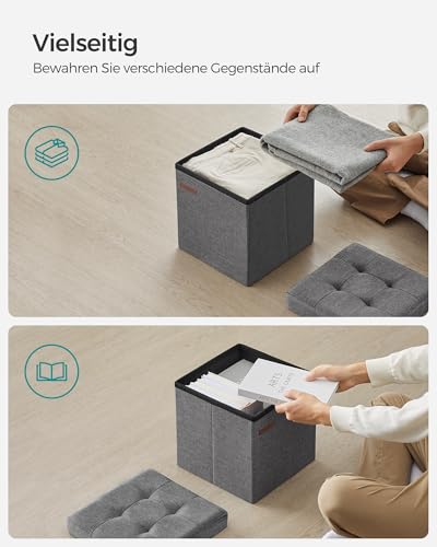 SONGMICS Aufbewahrungshocker, klein, faltbar, 30 x 30 cm, würfelförmiger Fußhocker mit Aufbewahrung, belastbar bis 130 kg, für Wohnzimmer, Schlafzimmer, Schlafsaal, Dunkelgrau LSF028G01