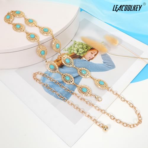 Image of LEACOOLKEY Women Turquoise Concho Chain Waist Belt Silver Western Cowgirl Metal Chain Belt for Dress Adjustable