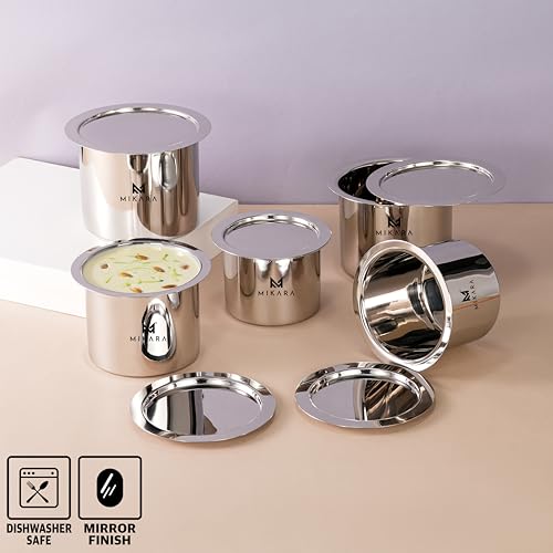 Image of MIKARA Flat Bottom Induction Friendly Stainless Steel Tope Set, Mirror Finish, 5-Piece Combo (325ml, 425ml, 525ml, 650ml & 750ml), Includes 5 Topes with Lids