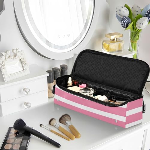 Organizador para herramientas de estilizado de cabello, bolsa portátil con diseño de rayas rosas y blancas, incluye tapete resistente al calor para plancha alisadora, rizadora y otras herramientas de peinado miniatura 7
