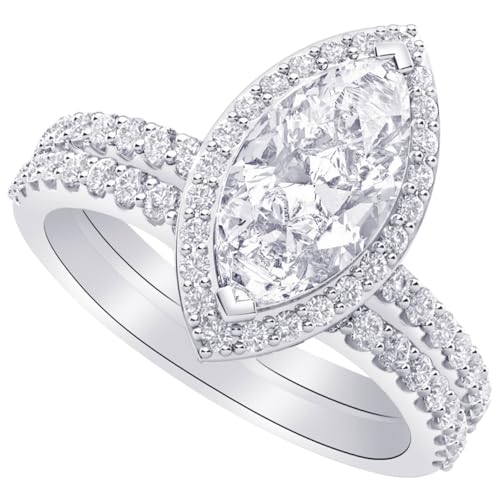 1-8 Carat (ctw) White Gold Marquise Cut LAB GROWN Diamond Halo Marquise Matching Diamond Wedding Bridal Set (Color D-E Clarity VS1-VS2)