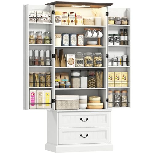 HOMCOM Buffet Haut Cuisine avec LED à capteur, Armoire de Cuisine, 2 Portes, 10 Porte-épices, 2 tiroirs et étagères réglables, Meuble de Rangement pour Salon, Salle à Manger, 76x39,5x183cm, Blanc