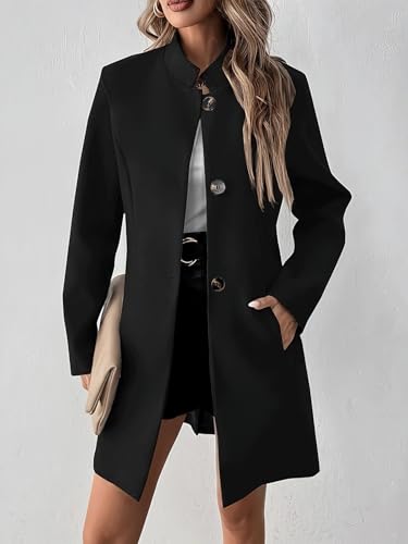 ebossy Women's Casual Slim Work Wool Long Blazer Notched Long Sleeve Single Breasted Open Front Jacket Coat with Pockets2
