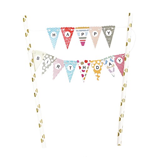 Mini Happy Birthday Cake Bunting Banner Cake Topper - Multicolor Pennant Flags with Gold Dots Straw Pole