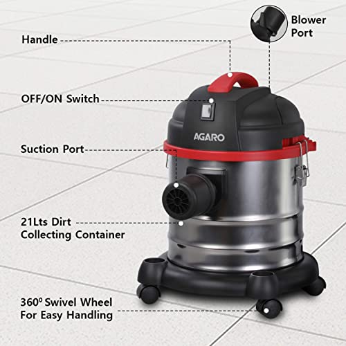 AGARO Ace 1600 Watts, 21.5 kPa Suction Power, 21 litres Wet & Dry Stainless Steel Vacuum Cleaner with Blower Function and Washable Dust Bag AGARO Ace 1600 Watts, 21.5 kPa Suction Power, 21 litres Wet & Dry Stainless Steel Vacuum Cleaner with Blower Function and Washable Dust Bag