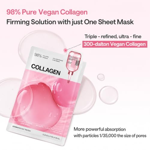 Image of Collagen Essential Sheet Mask (1 Sheet) Firming & Hydrating Korean Face Mask with 98% Vegan Collagen, Peptides & Hyaluronic Acid, Skin Elasticity, K-Beauty Facial Mask for Smooth & Plump Skin