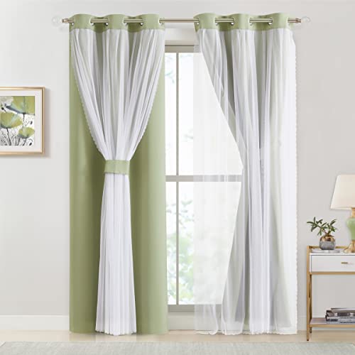 Image of Bujasso Sage Green 90% Blackout Curtains with Sheer Overlay Mix and Match Double Layer Thermal Insulated Window Panels 72 inch Living Room Bedroom Green Drapes with Tiebacks Grommet Top 37 inch Wx72 Lx2