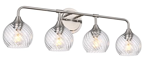 Image of MELUCEE Bathroom Vanity Light Brushed Nickel 4 Lights with Clear Striped Swirl Glass Shade, 33 inch Vanity Lighting Fixtures Over Mirror Modern Bathroom Wall Lights for Powder Room Kitchen Foyer