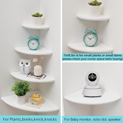 Image of Corner Shelf, Solid Oak Wood Floating Corner Shelf Wall Mount Round End Floating Speaker with Wire Hole for Small Plant Photo for Bedroom Kitchen, Living Room White