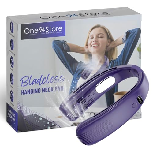 Image of One94Store Portable Bladeless Hanging Neck Fan - Modern Design, 12 Air Outlets, 2400mAh Rechargeable Battery, USB Powered, 5-Speed Hands-Free Cooling Fan, Up to 6 Hours Use for Indoor&Outdoor (Blue)
