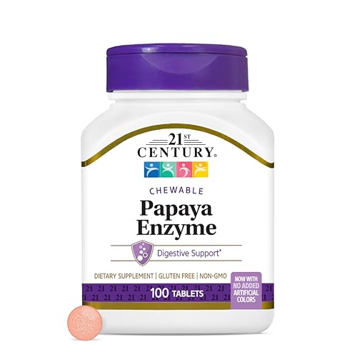 21st Century Papaya Enzyme Chewable (100 Count), Papaya & Pineapple Digestive Enzymes for Gut Health, Tropical Flavor, Non-GMO, Gluten-Free, No Added Salt, Artificial Flavors