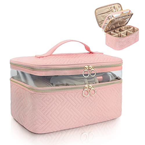 Makeup Bags for Cosmetics with Adjustable Dividers, Travel Make Up Toiletry Bag Organizer for Women Christmas Gifts, Double Layer Cosmetic Case for Brushes, Beauty, Eyeshadow Palette, Lipstick (Pink)