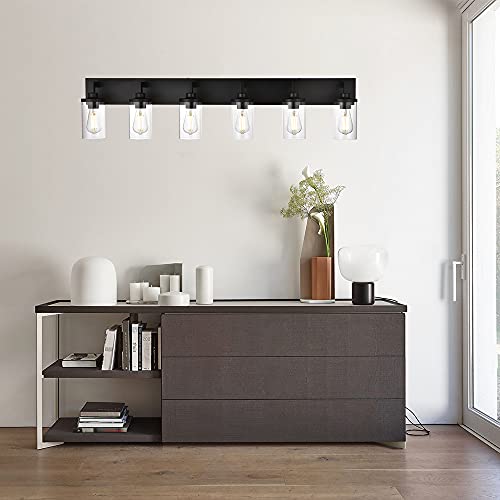 6 Light VINLUZ Bathroom Lighting Fixture in Black Finish,Metal Base Vanity Light with Clear Glass Shade Wall Mount Lamp Decor for Corridor Hallway