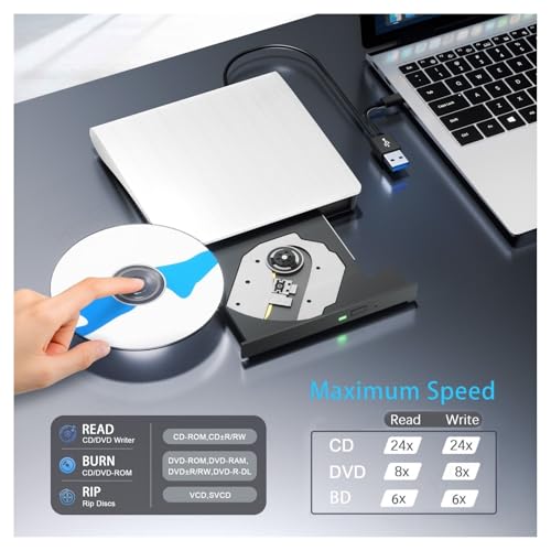 Unidad Externa de BLU-Ray, Unidades ópticas for portátiles, Reproductores de CD y grabadoras de Escritorio compatibles. Rápido y Conveniente(Bianco) - imagen 3