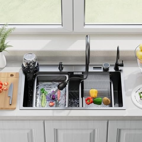 Poukaran 29.5 lnch Countermount Black Nano Kitchen Sink with Waterfall 29.5x18x9 Inches Deep Single Bowl Stainless Steel Workstation Kitchen Sink with Faucet Combo,Countermount/Drop-inmonut/Undermount Cover