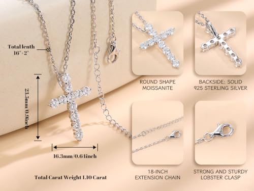 Ladylike Moissanite Cross Pendant Necklace for Women with 11 Pieces of 3mm D VVS1 Moissanites 18K Gold Plated Sterling Silver Small and Exquisite16+2”inches Necklace Chain2