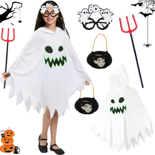 Disfarce de fantasma de Halloween para crianças, branco fantasma capa disfarce, truque assustador ou tratamento fantasia de Halloween com saco fantasma garfo e óculos fantasma para Halloween