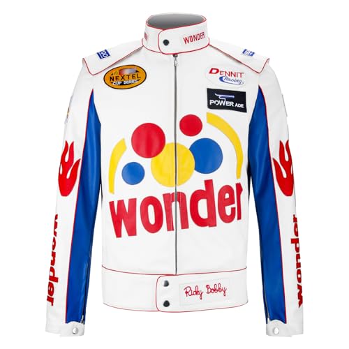 Ricky Bobby Racing Leather Jacket Adult Men Talladega Nights Wonder Halloween Costume Bomber Leather Jacket (White, X-Large)