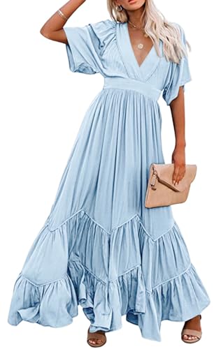 CHARTOU Women's Boho Ruffle Sleeve Flowy Maxi Dress Lace Up Back Tiered Party A Line Dress