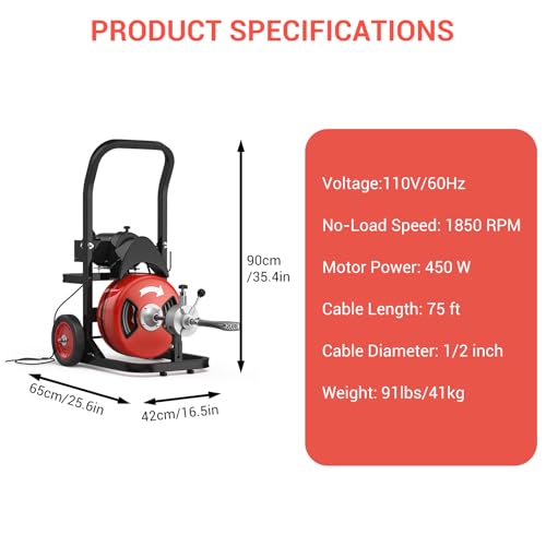 75Ft 1/2 Inch Cable Drain Cleaning Machine, 450W Auto Feed Portable Electric Sewer Snake, Electric Drain Auger with 6 Cutter Air-Activated Foot Switch for 2" to 4" Pipes