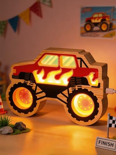 YuanDian Monster Truck Night Light Monster Trucks for Boys Age 4-7 Car Shape Wooden Lighting Table Desk Bedroom Decoration Ideas Gift for Boys Kids