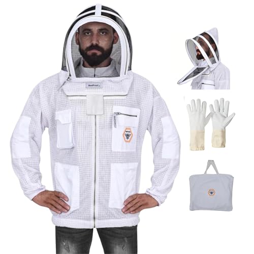 Beekeeping Jacket with Veil – 3-Layer Ultra Ventilated Bee Jacket with Long-Lasting YKK Zippers & Safety Fencing Hood – Full Protection Beekeeping Suit with Carrying Bag (White Fencing Veil, Large)