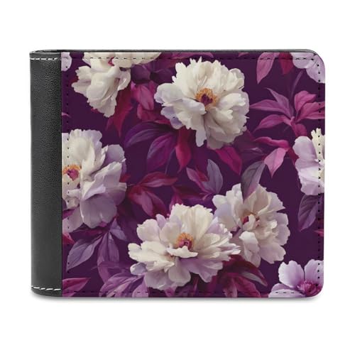 White Peonies Soft PU Leather Bifold Wallet, Coin Purse Credit Pass Case, Durable Card-Holder Slim Billfold for Men Woman Money Storage