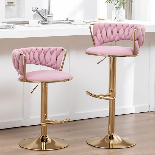 Canxkun Gold Bar Stools Set of 2 Counter Height Bar Chairs with Low Back Velvet Adjustable Height Barstools 360 Swivel Bar Stools for Kitchen Island Pub (Pink)