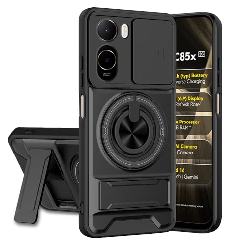 Image of Poco C85X 5G Back Cover | Armor Camera Slider 360 Degree Rotating Finger Ring Holder Case with Bracket Stand Back Case Cover (Compatible with MagSafe Accessories) (Black)