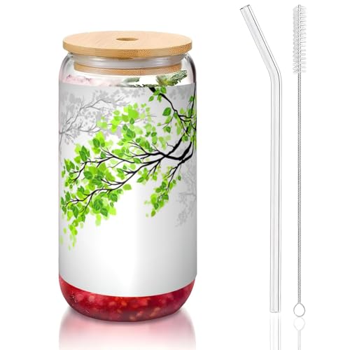 MDATT Verres à eau avec couvercles et pailles, motif feuilles vertes et blanches, pour jus, bière, café, thé - 473 ml