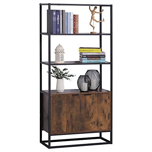 HOMCOM Mueble Estantería con 3 Estantes Abiertos y 1 Armario de Doble Puerta con Base Elevada Librería Multifuncional de Almacenaje 76x33x162,5 cm Marrón Rústico