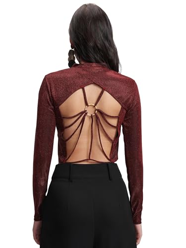 Image of Tokyo Talkies Women's Shimmer High Neck Crop Top | Fitted Full Sleeves | Glamorous & Trendy | Perfect for Parties & Night Out | Tops for Woman | Women Tops | Stylish Top