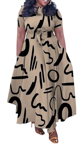 Image of BFFBABY Plus Size Dress A Line Dresses for Women Summer Long Dresses with Sleeve Casual Belted