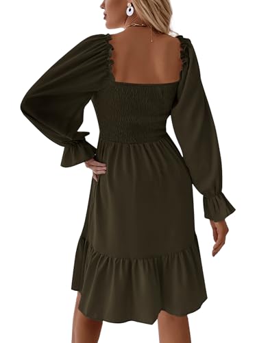 Image of LYANER Women's Square Neck Lantern Long Sleeve Shirred Ruffle A Line Flowy Party Mini Dress