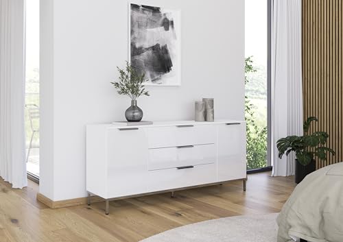 Rauch Möbel Flipp, Nachttisch für Schlafzimmer, Kinderzimmer, Wohnzimmer, Flur, Garderobe, 2-türig, 3 Schubladen, mit Softclose-Funktion, Griffe und Metallkufe Chrom, Farbe Glas Weiß, Breite 160 cm