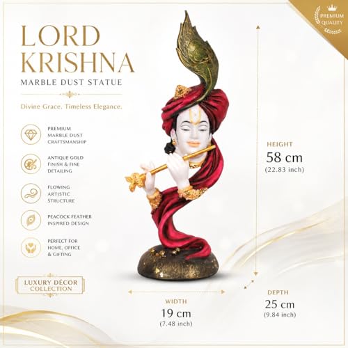 Image of ARMONIA Lord Krishna Idol Marble Dust Statue Murti for Home Decor, Pooja Room & Mandir | Krishna Sculpture Showpiece for Living Room| Housewarming Gift | 22.83 Inch | (Includes Microfiber Cloth)