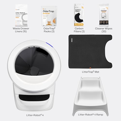 Image of Litter-Robot 4 Supply & Accessory Bundle by Whisker, White- Automatic Self-Cleaning Cat Litter Box, Includes Litter-Robot 4, Ramp, Mat, 3 OdorTrap Packs, 10 Liners, 30 Wipes, & 2 Carbon Filters