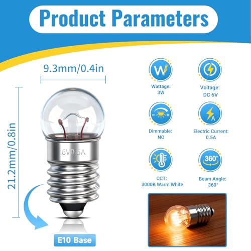 Caldarax 10 Stück Kugellampe E10 DC 6V, 0.5A, Warmweiß 3000K, E10 Glühlampe Glühbirne Miniatur Schraubfuß, Ersatzlampe für Elektrische Experiment, Taschenlampen, Krippenbeleuchtung, Warnleuchte