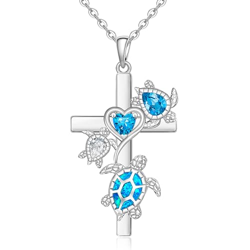 Turtle Necklace for Women Sterling Silver Blue Opal Sea Turtle Necklace Cross Mother Daughter Pendant Jewelry Charm Mothers Day Gifts