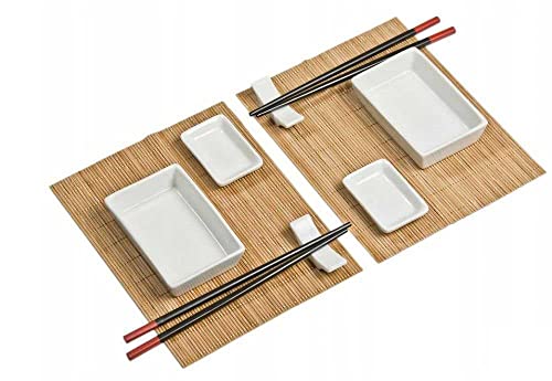 PFG Juego de 10 piezas de sushi – 2 platos de sushi, 2 cuencos de salsa, 2 manteles individuales de bambú, 2 palillos de bambú, 2 pares de palillos – bellamente presentado en caja de regalo