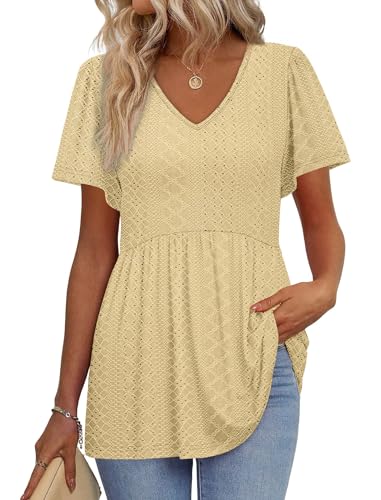 Image of OFEEFAN Womens Summer Tops Babydoll Short Sleeve Shirts Puff Sleeve Peplum Tops V Neck T Shirts
